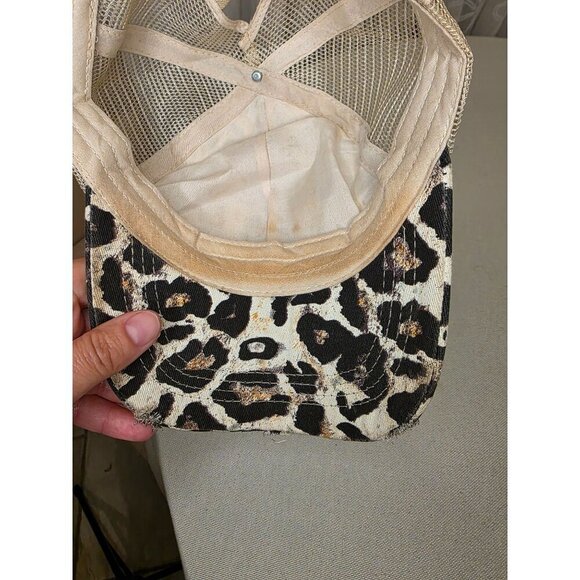 Leopard Print God Bless The USA Distressed Trucker Hat With Mesh Back - Picture 2 of 11